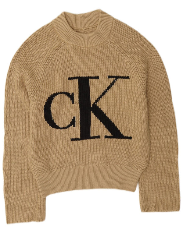 Calvin Klein Jeans maglione da donna con collo a tartaruga grafico UK 6 XS Beige