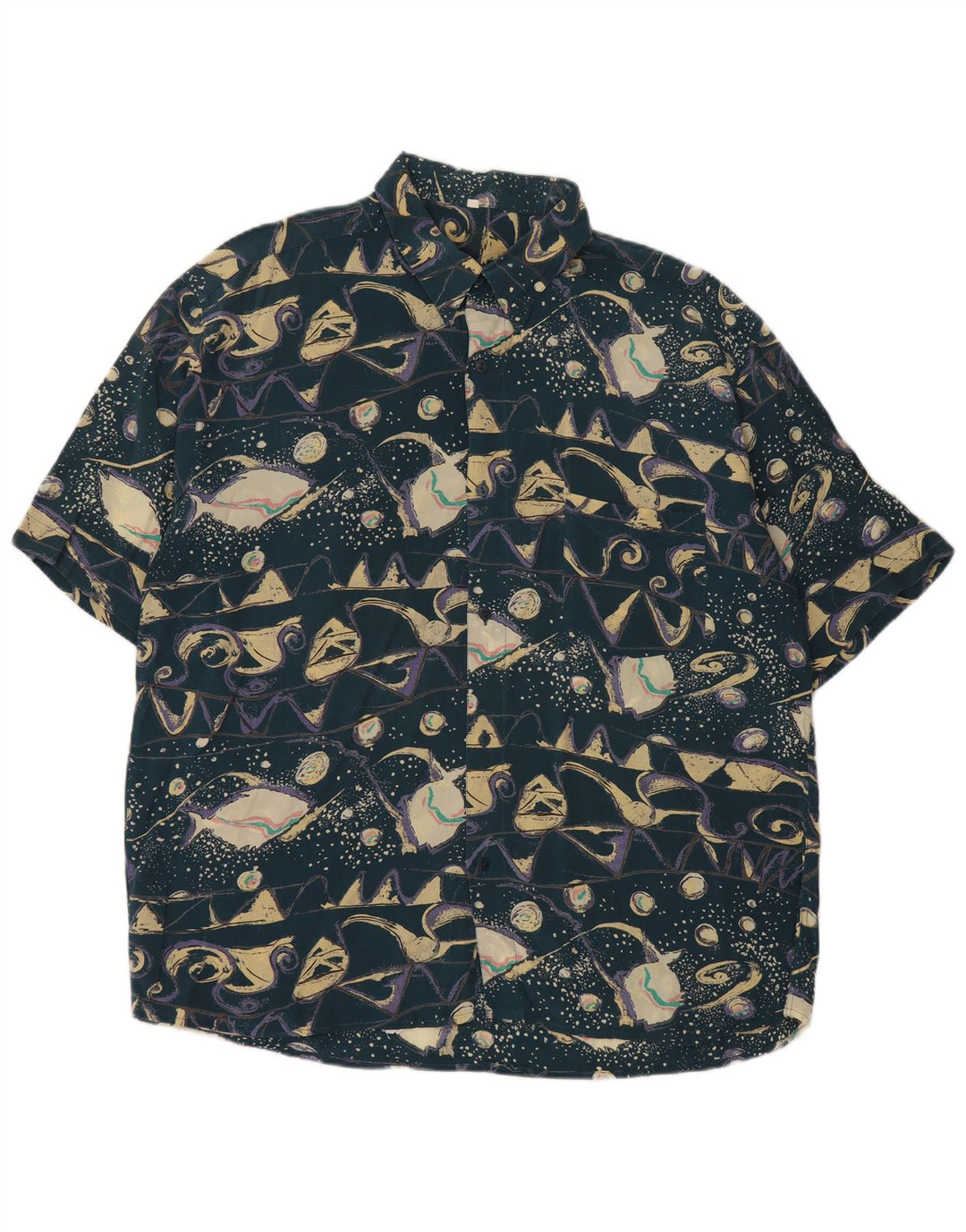 Camicia a maniche corte vintage da uomo con motivo astratto XL blu in viscosa retrò