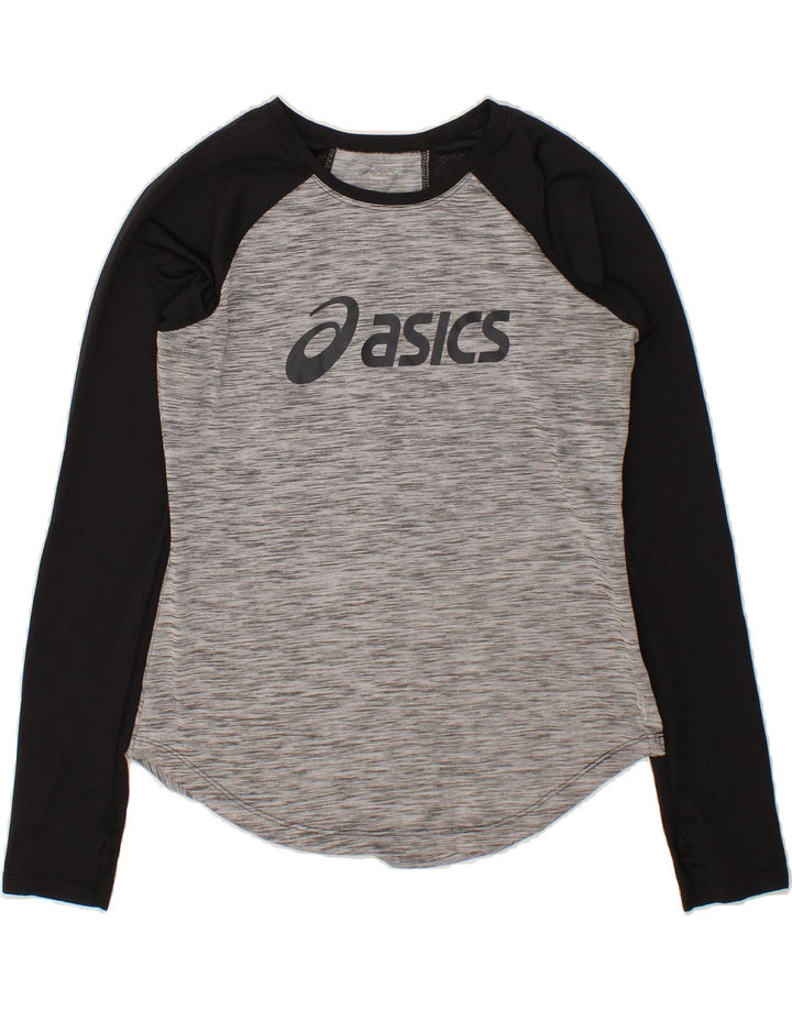 ASICS Womens Graphic Top Long Sleeve UK 14 Medium Grey Colourblock Vintage Asics and Second-Hand Asics from Messina Hembry 