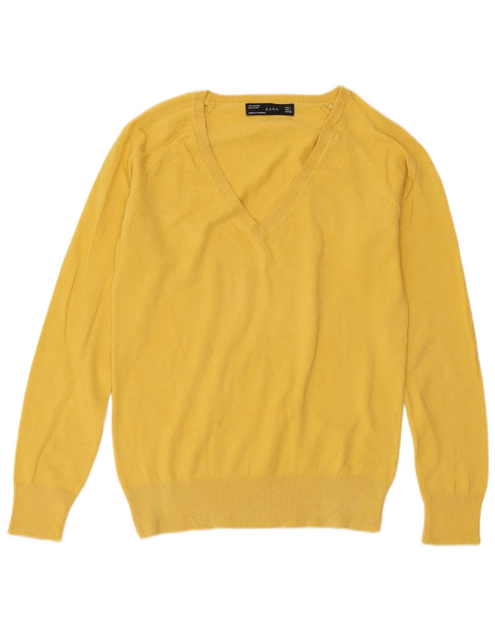 Maglione ZARA da donna con scollo a V UK 14 grande cotone giallo