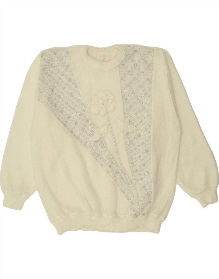 VINTAGE Womens Crew Neck Jumper Sweater UK 14 Medium White Floral Vintage Vintage and Second-Hand Vintage from Messina Hembry 