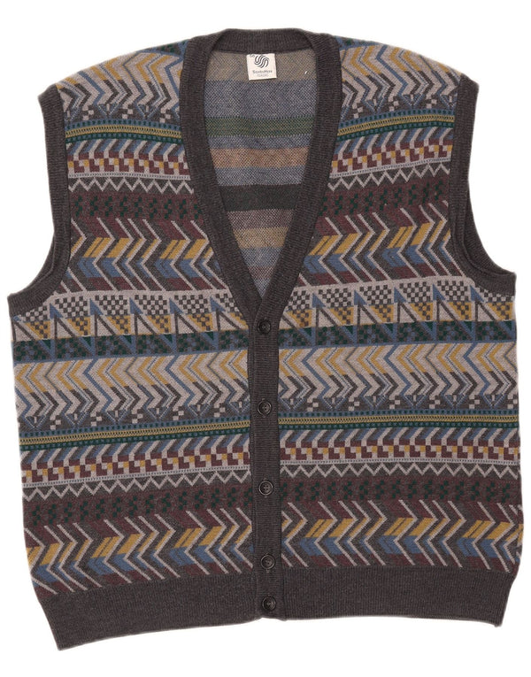 Maglione cardigan senza maniche vintage da uomo IT 56 XL lana geometrica grigia