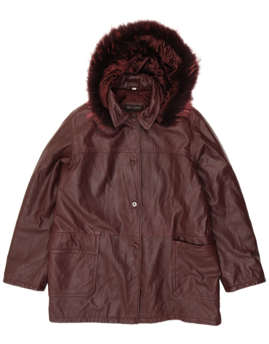 Cappotto oversize in pelle con cappuccio da donna vintage IT 50 XL in pelle marrone