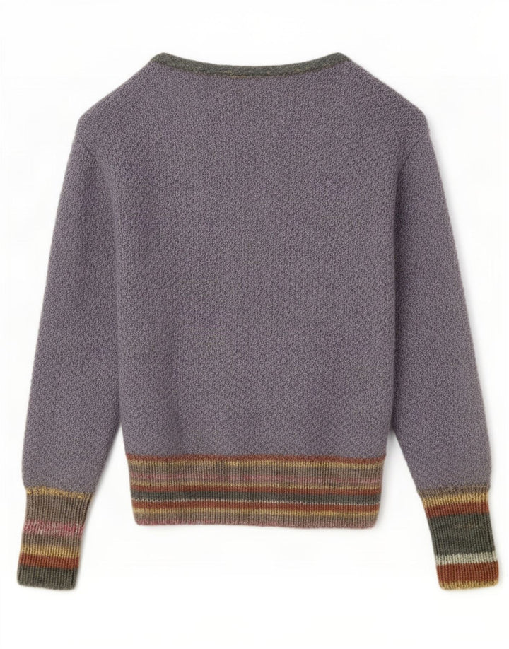 Maglione cardigan aperto da donna vintage UK 14 grigio medio a righe