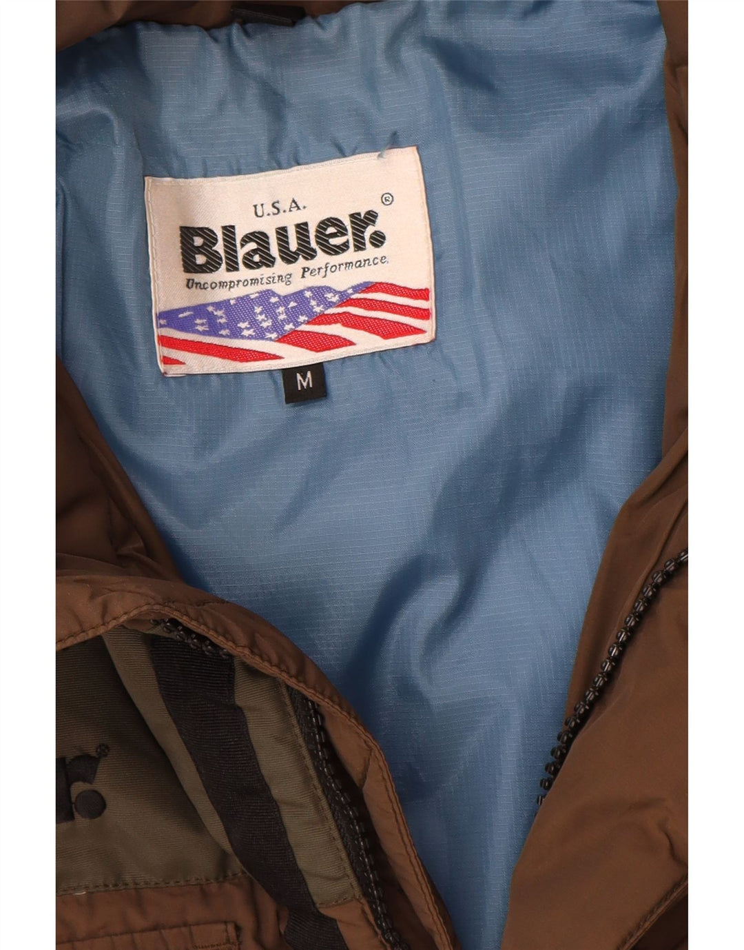 Blauer Giacca imbottita grafica da uomo UK 38 Nylon color block marrone medio