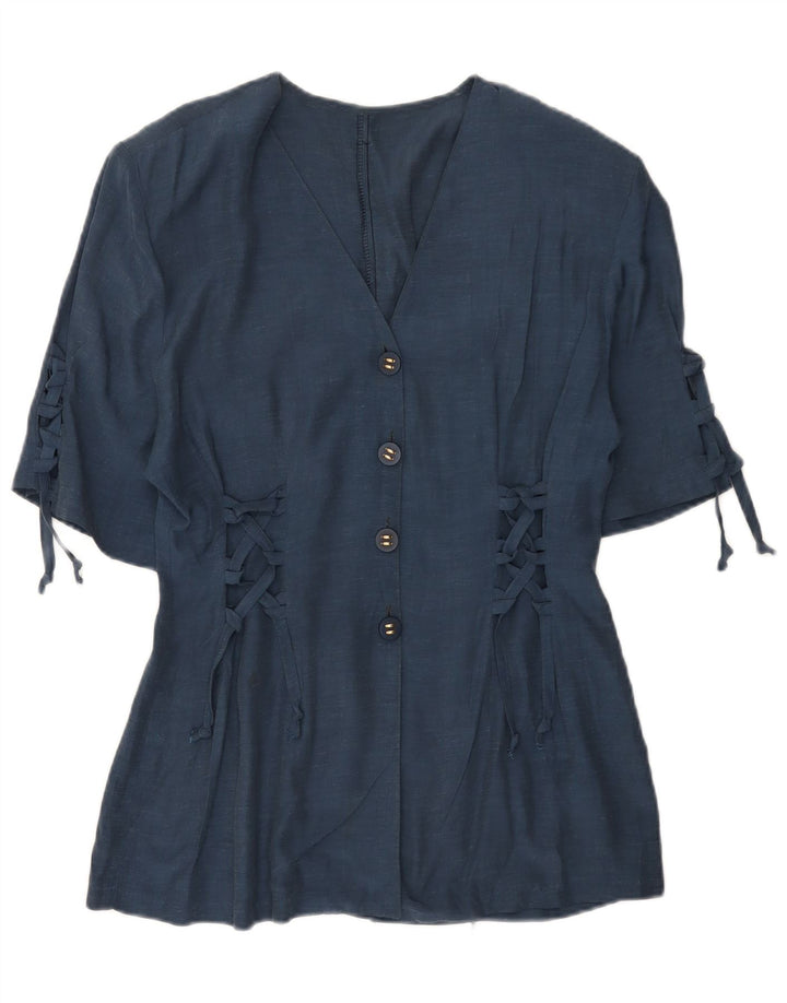 Giacca blazer vintage da donna a maniche corte a 4 bottoni UK 12 medio blu navy