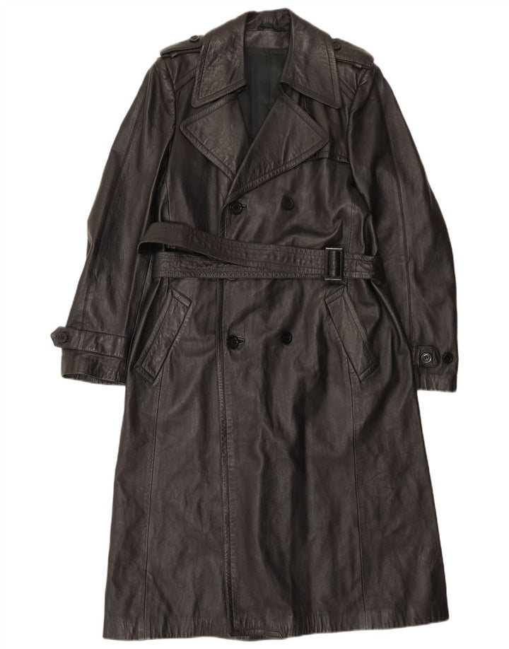 Cappotto in pelle doppiopetto militare vintage da uomo UK 36 piccolo nero