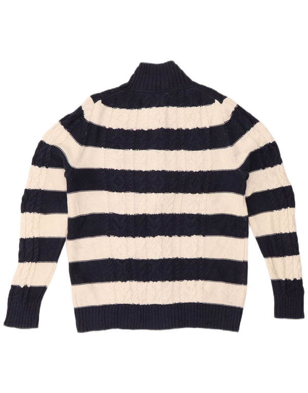 L.L.BEAN Womens Cardigan Sweater UK 14 Medium Navy Blue Striped Cotton