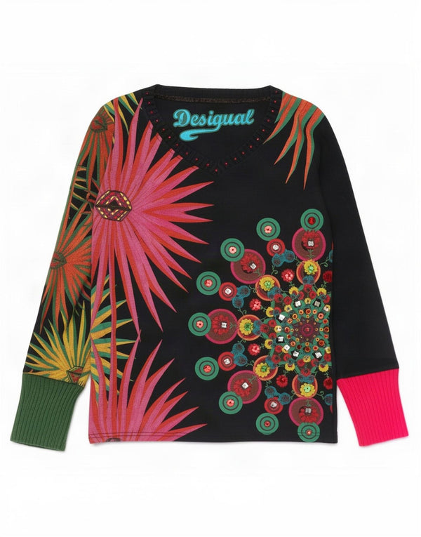 Desigual Donna Graphic Top Manica Lunga UK 12 Medio Nero Floreale Bohémien