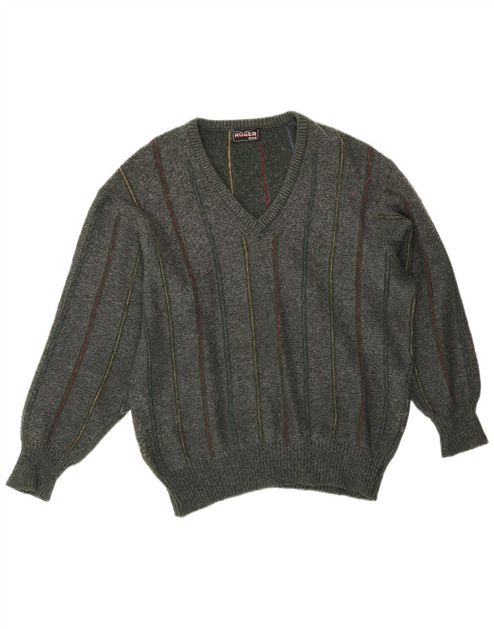 Maglione vintage da uomo con scollo a V XL a righe kaki