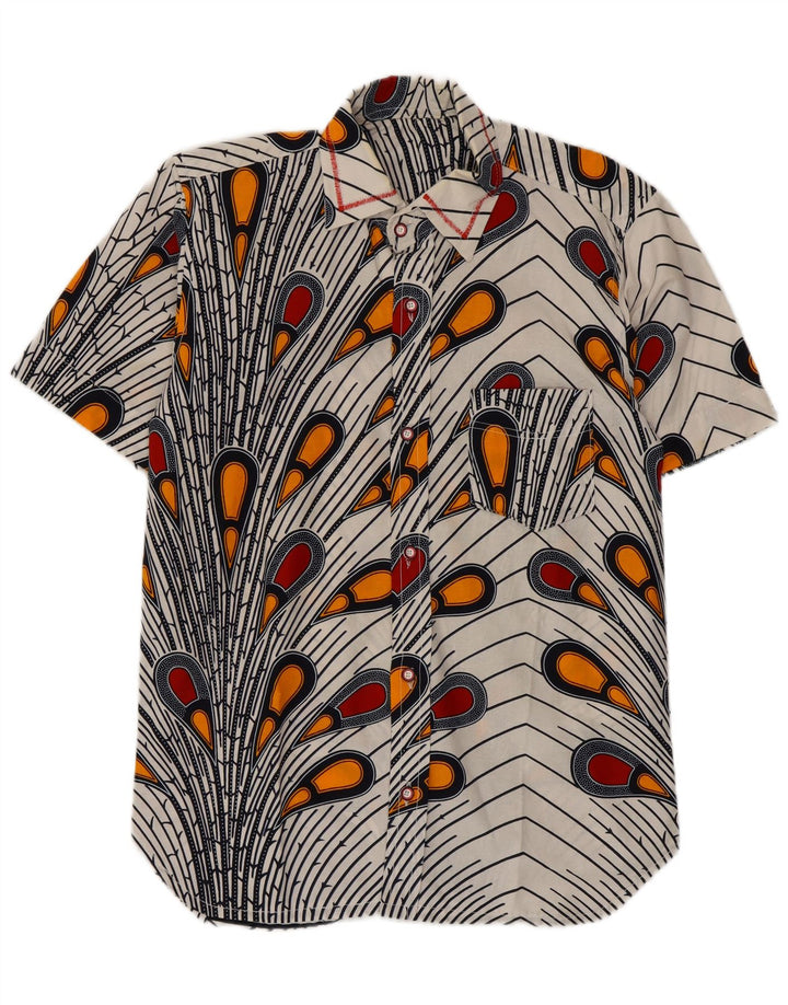 Camicia a maniche corte vintage da uomo con motivo astratto bianco medio