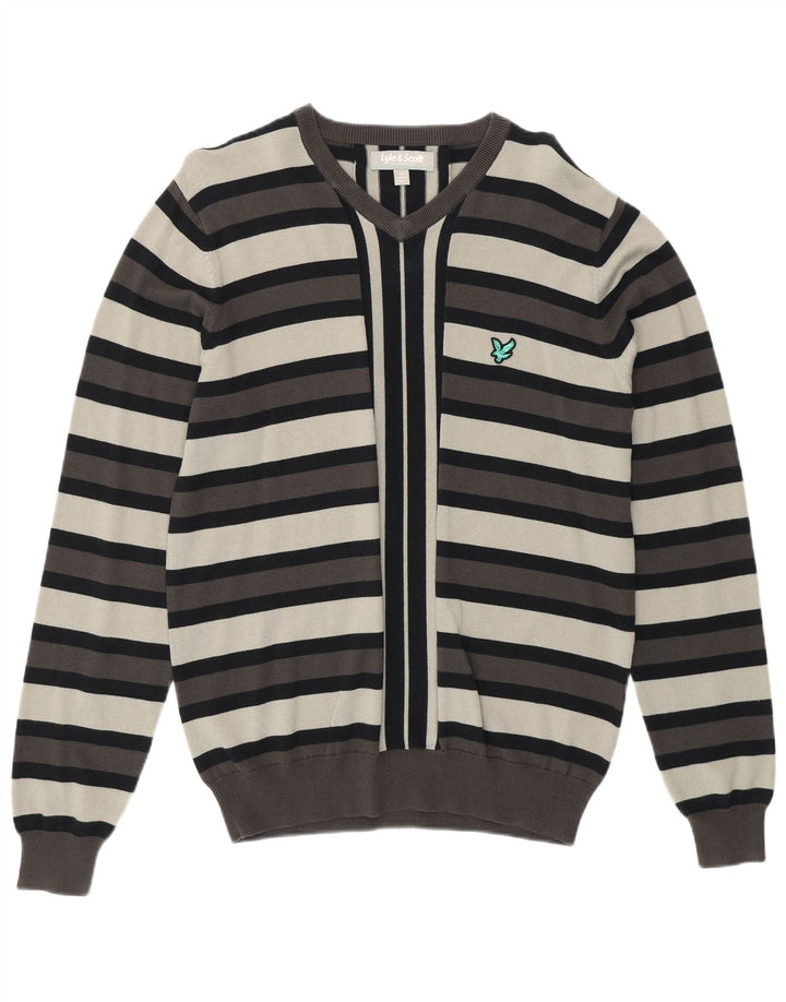 LYLE & SCOTT Maglione da uomo con scollo a V in cotone a righe grigio medio