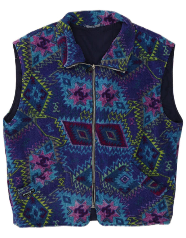 Gilet vintage in pile da donna UK 18 XL Blu geometrico