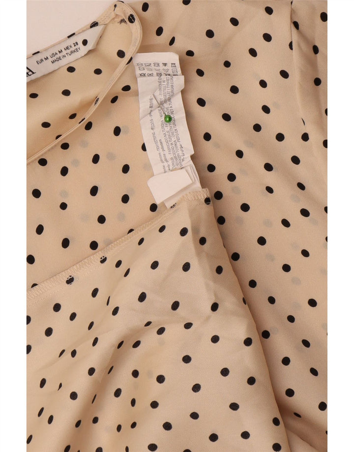 Vestito lungo a maniche lunghe da donna Zara UK 14 Poliestere a pois beige medio