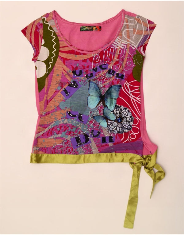 Desigual Maglietta grafica da donna Top UK 14 Large Rosa Cotone color block