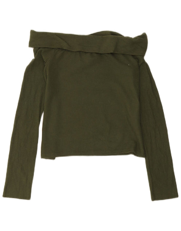 Top Zara da donna Trafaluc corto a maniche lunghe con spalle scoperte UK 8 piccolo cachi