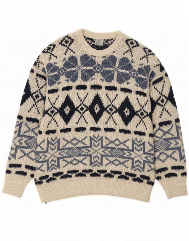 Maglione maglione girocollo da uomo Shetland grande bianco sporco Fair Isle