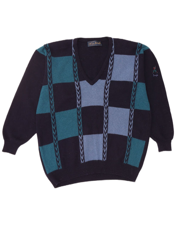 PRINGLE Mens V-Neck Jumper Sweater Large Navy Blue Geometric New Wool