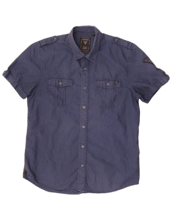 Guess Camicia Militare da Uomo a Maniche Corte Large in Cotone Blu Navy