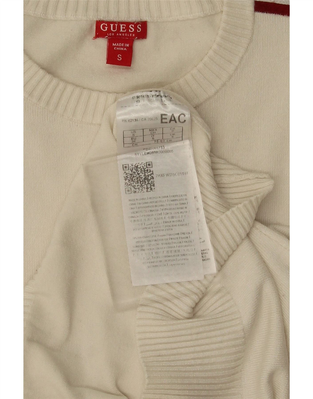 GUESS Womens Graphic Crew Neck Jumper Sweater UK 10 Small White Rayon Vintage Guess and Second-Hand Guess from Messina Hembry 