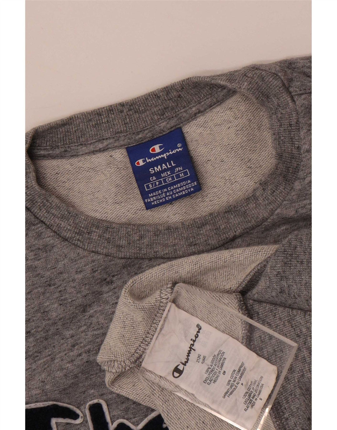 Felpa grafica da uomo Champion, maglione piccolo, cotone chiazzato grigio