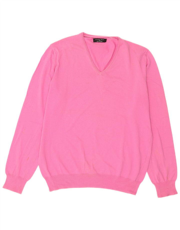Maglione Zara da uomo con scollo a V grande rosa
