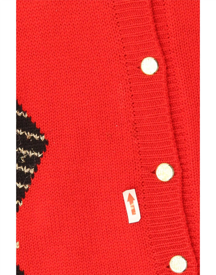 Maglione cardigan da donna vintage UK 16 grande rosso argyle/diamante