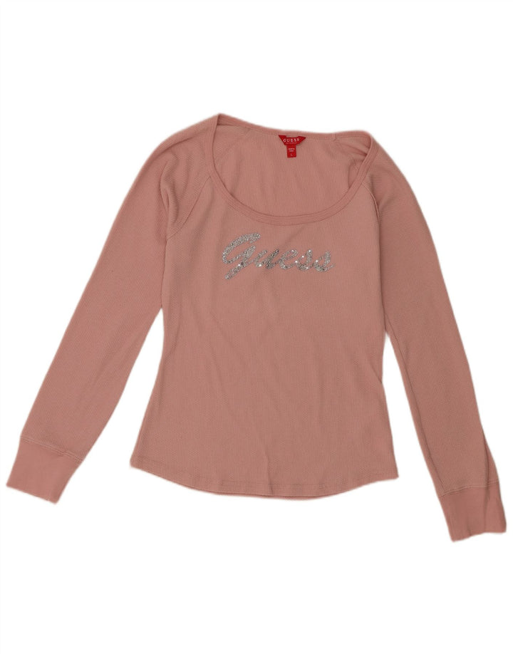 Guess Maglietta grafica da donna a maniche lunghe UK 14 Large Rosa Poliestere