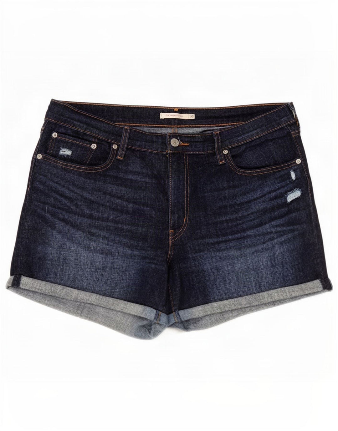 Pantaloncini di jeans a vita media invecchiati Levi's da donna W33 Large in cotone blu navy
