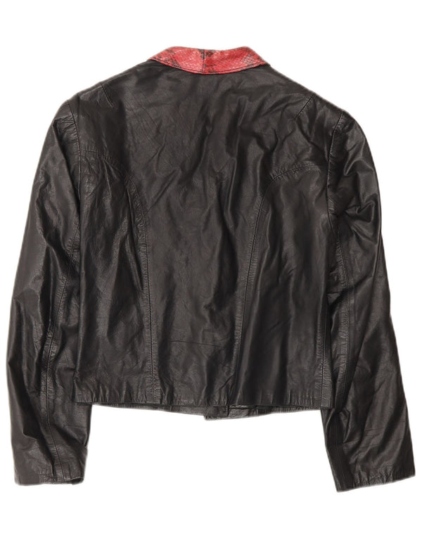 Vintage Womens Crop Leather Blazer Jacket UK 4 XS Black Animal Print