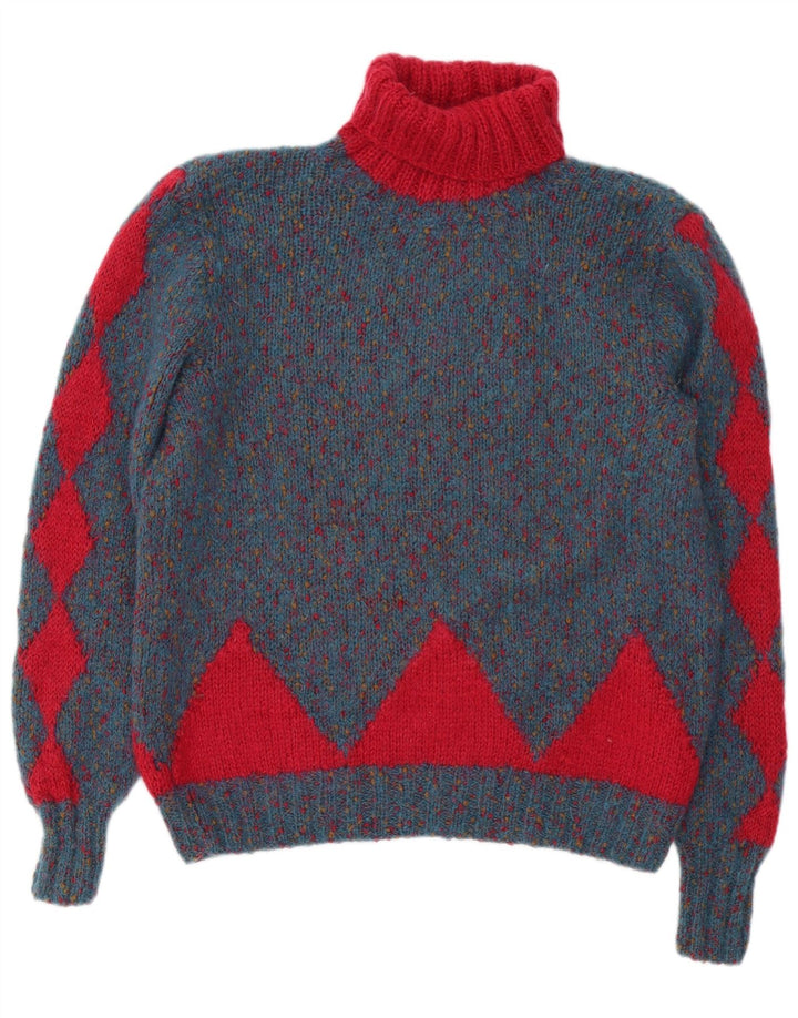 Maglione maglione vintage da donna con collo alto UK 14 grande blu geometrico