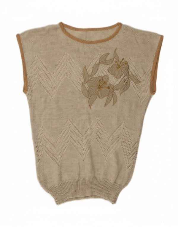 Canottiera vintage da donna UK 12 Acrilico floreale beige medio