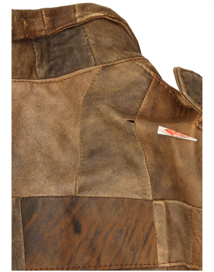 Giacca bomber in pelle da donna vintage UK 16 grande patchwork marrone