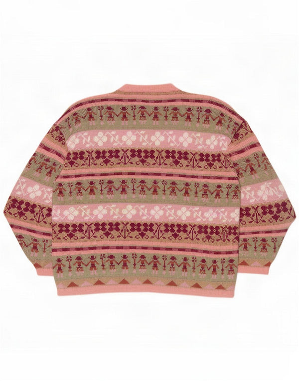 Maglione cardigan vintage da donna UK 18 XL Rosa Fair Isle Acrilico
