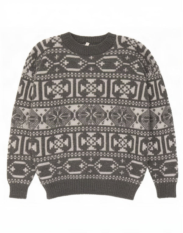 Maglione girocollo da uomo vintage in lana geometrica grigio medio