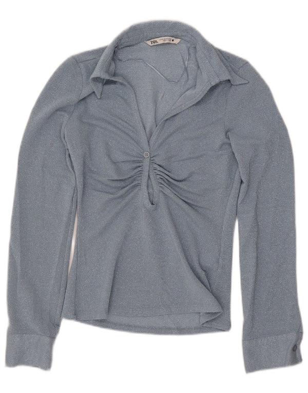 ZARA Camicetta a Maniche Lunghe da Donna UK 6 XS Blu Viscosa