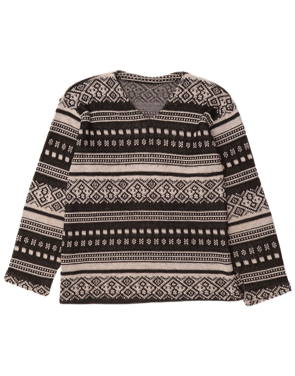 Maglione maglione vintage da donna con scollo a V UK 18 XL Nero geometrico