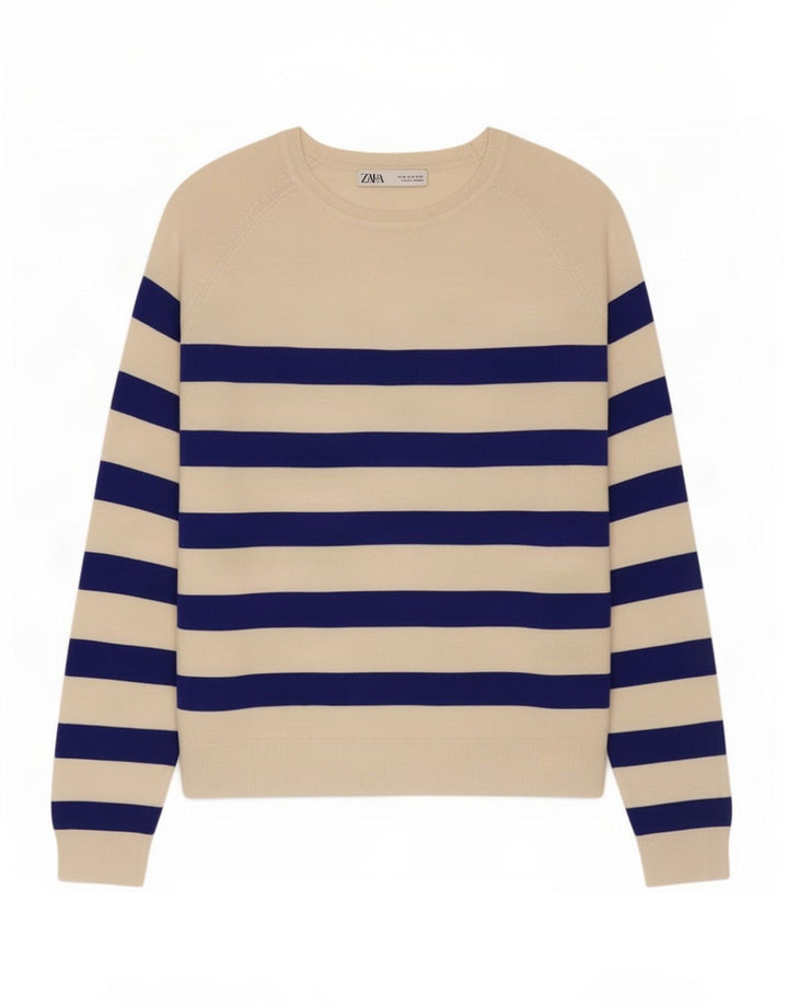 Top Zara da donna a maniche lunghe UK 14 medio a righe bianco sporco