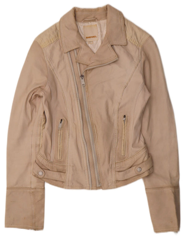 Giacca da motociclista in pelle corta da donna DIESEL UK 10 piccola in pelle beige
