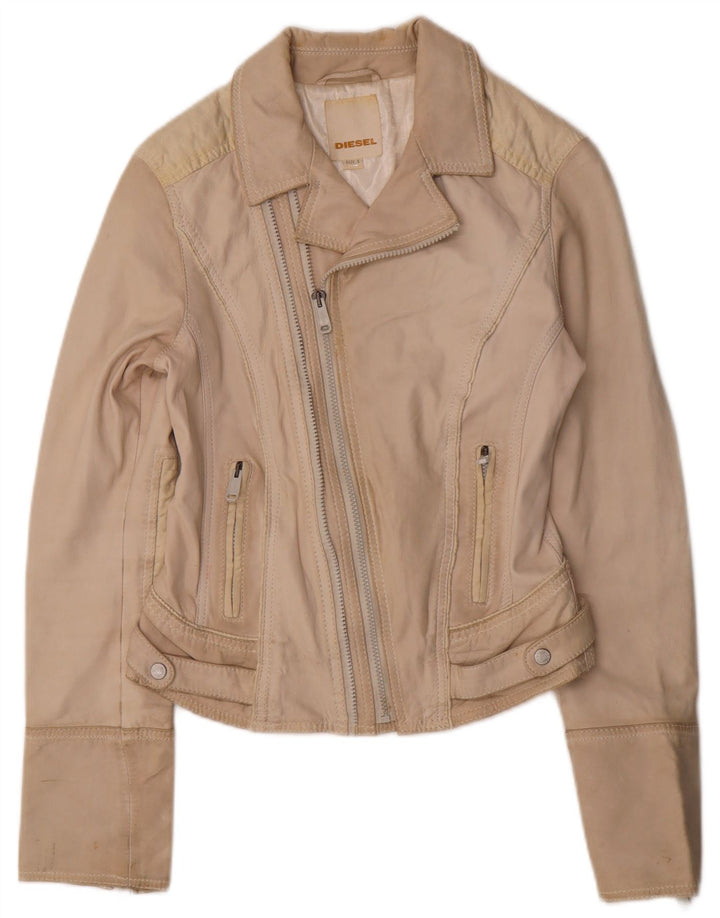Giacca da motociclista in pelle corta da donna DIESEL UK 10 piccola in pelle beige