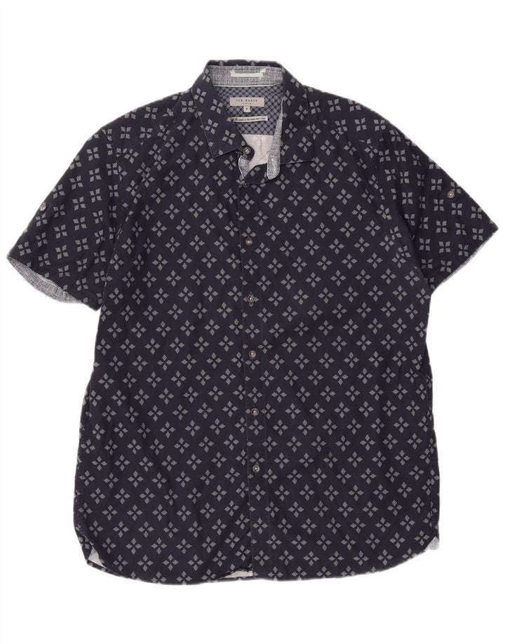 Ted Baker Camicia a maniche corte da uomo Taglia 5 XL Cotone geometrico blu navy