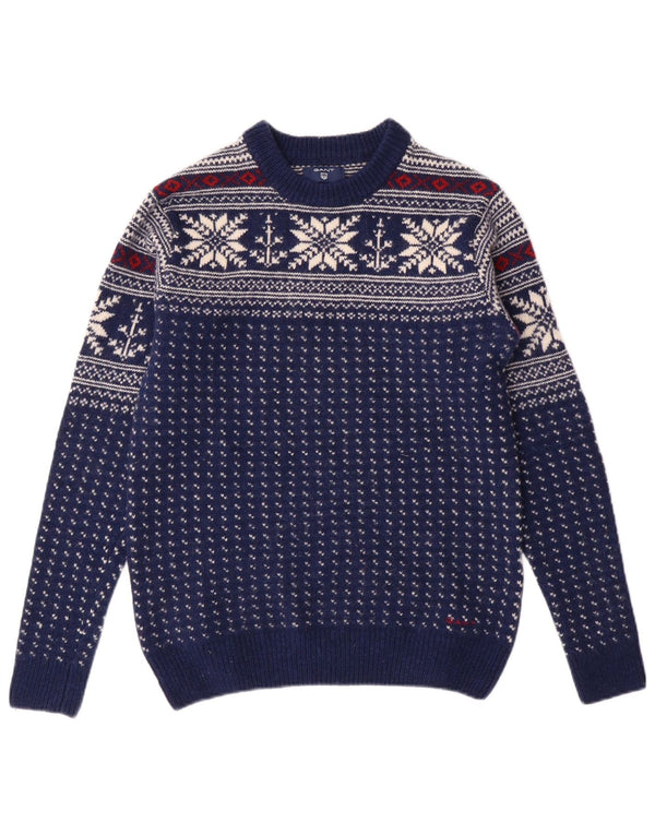 GANT Maglione maglione girocollo da uomo piccolo in lana Fair Isle blu navy