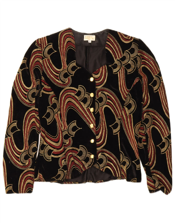 Top cardigan vintage in velluto con motivo astratto da donna UK 12 medio nero