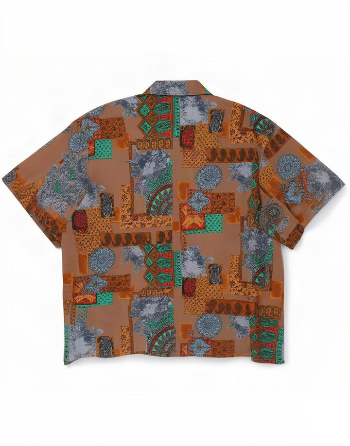 Camicetta camicia a maniche corte da donna vintage UK 20 2XL Seta patchwork marrone