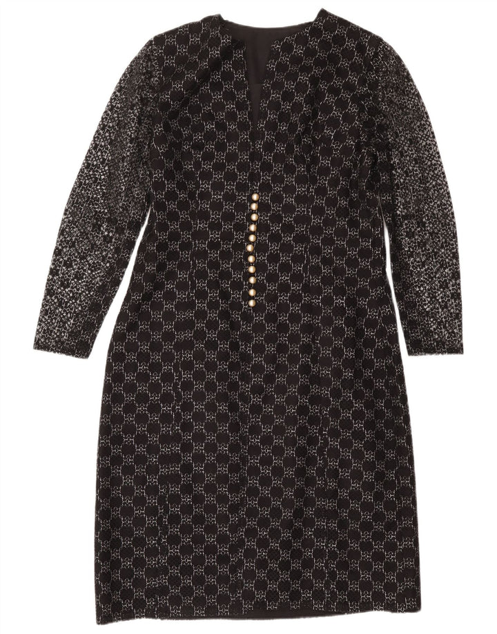 Abito tubino vintage a maniche lunghe da donna UK 12 medio nero geometrico