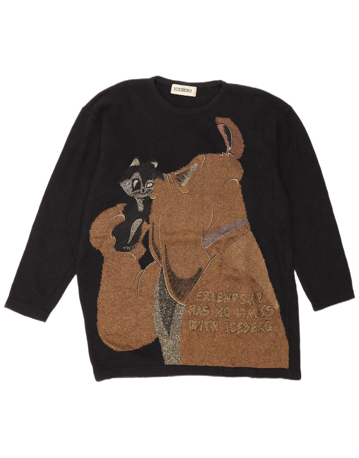 Maglione maglione girocollo con grafica da donna Iceberg UK 16 grande lana nera