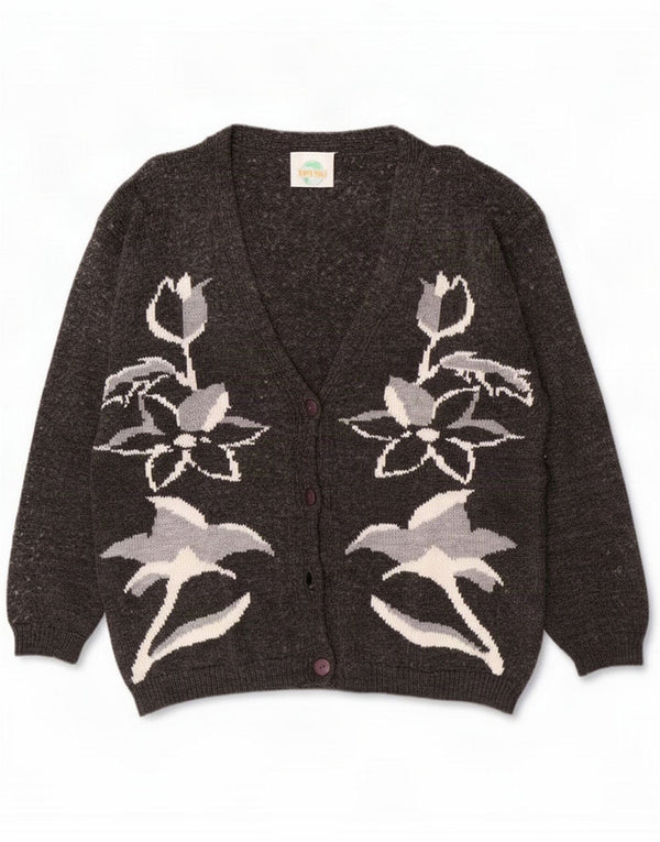 Maglione cardigan da donna vintage UK 16 grande grigio floreale