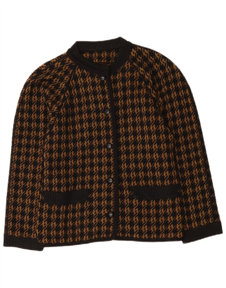Maglione cardigan da donna vintage IT 46 grande lana pied de poule marrone