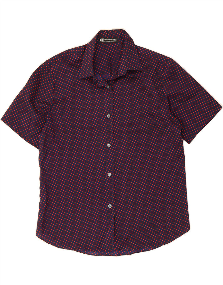 VINTAGE Womens Short Sleeve Shirt IT 52 2XL Navy Blue Spotted Vintage Vintage and Second-Hand Vintage from Messina Hembry 