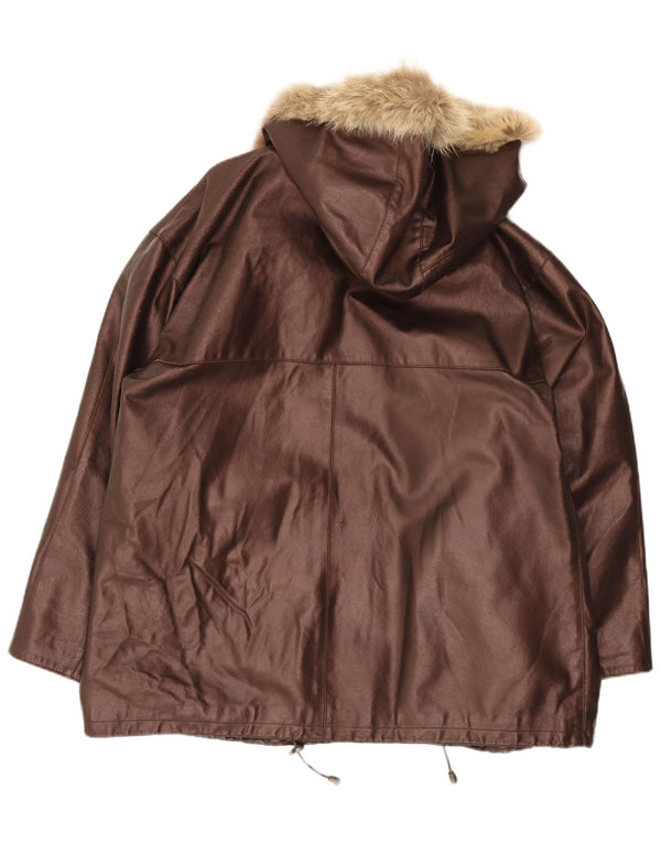 Giacca in pelle oversize con cappuccio da donna vintage IT 48 XL Marrone